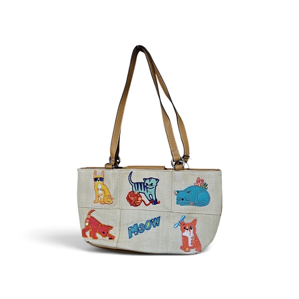 Embroidered Cat Patch Straw Shoulder Bag Tan Trim Meow Novelty Tote
